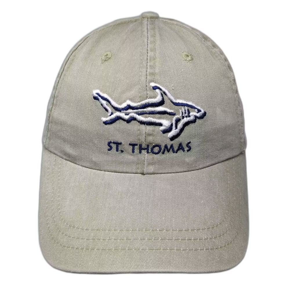 Del Sol Baseball Cap Beige Blue Shark St. Thomas Embroidered Cotton OS Beach Hat